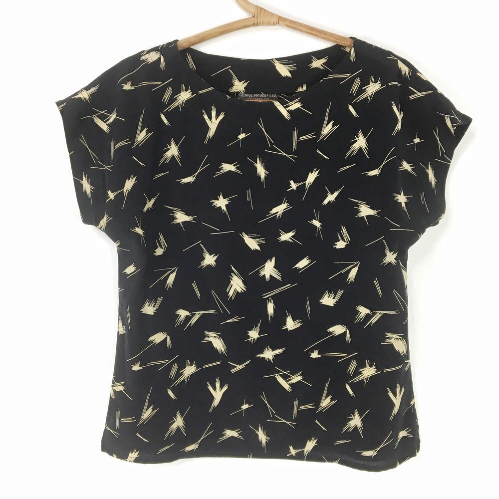 Vintage black and white short sleeve top floral print shirt 70s 80s Size small